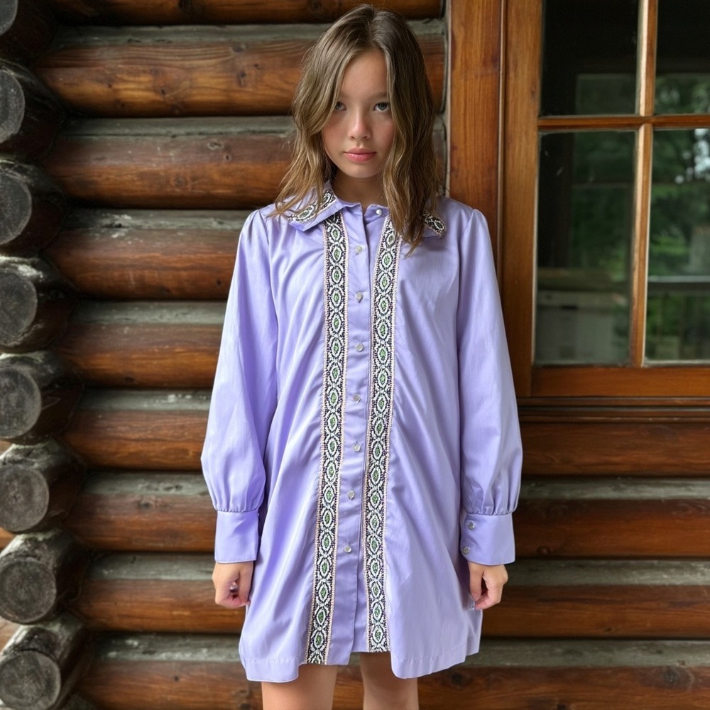 Growing Girl Purple Perma-Prest Tunic Shirt Dress Embroidered Trim -‎ Size 14.5